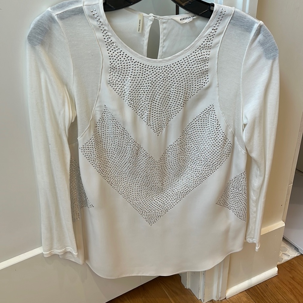 Rebecca Taylor white silk and silver nailhead long sleeve top